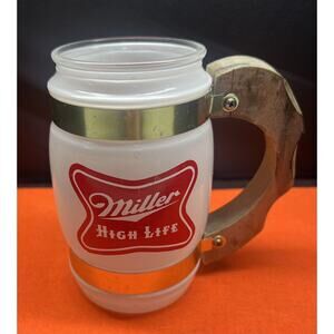 Miller‎ High Life Beer Glass Mug Wood Handle Preowned Siesta Ware